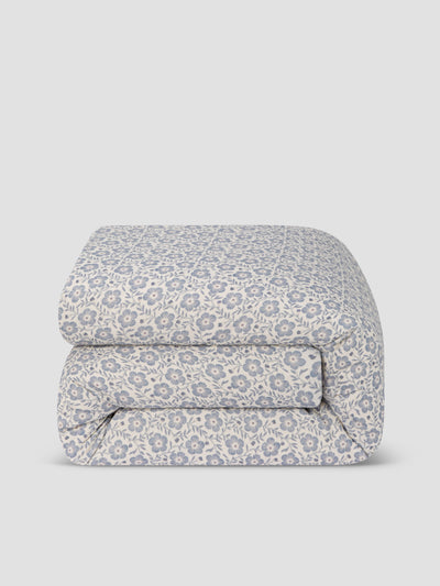 Dusk Blue Folk Floral Linen Blend Duvet Cover
