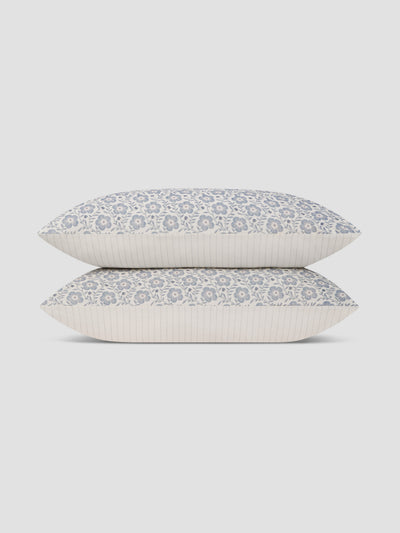 Dusk Blue Folk Floral Linen Blend Pillowcases (Pair)