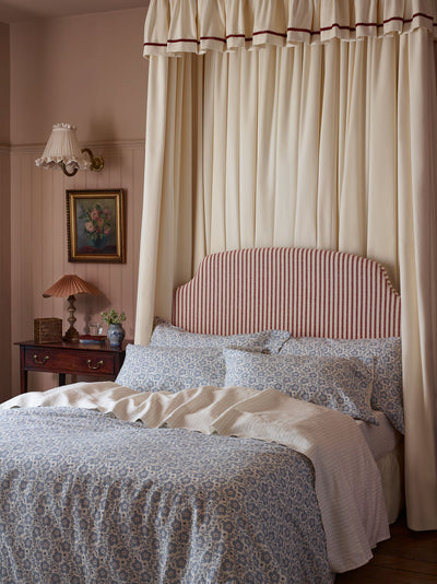 Dusk Blue Folk Floral Linen Blend Duvet Cover