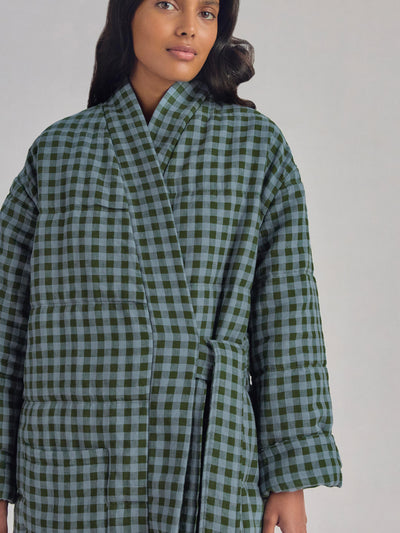 Fern Green & Dusk Blue Colour Drenched Gingham Linen Blend Housecoat - alternate image