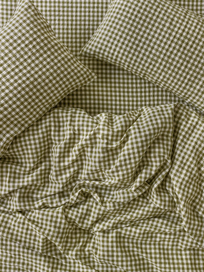 Botanical Green Gingham 100% Linen Duvet Cover