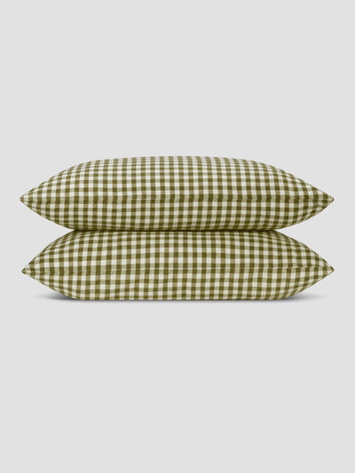 Botanical Green Gingham Linen Blend Pillowcases (Pair)