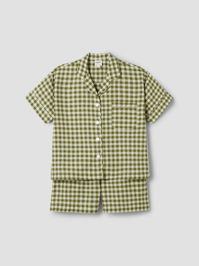 Botanical Green Gingham Linen Blend Pyjama Short Set - alternate image