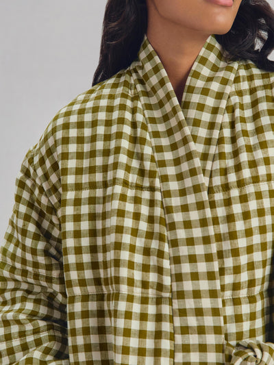 Botanical Green Gingham Linen Blend Housecoat - alternate image