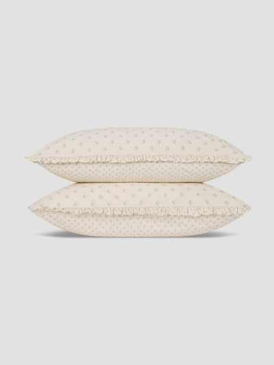 Mellow Green Martha Floral Cotton Frill Pillowcases (Pair)