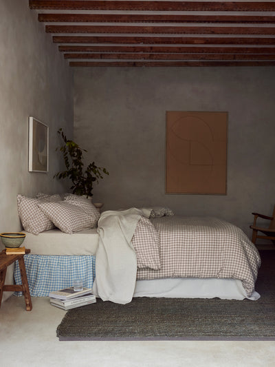 Mushroom Gingham 100% Linen Duvet Cover