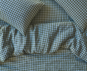 Fern Green & Dusk Blue Colour Drenched Gingham Linen Blend Duvet Cover