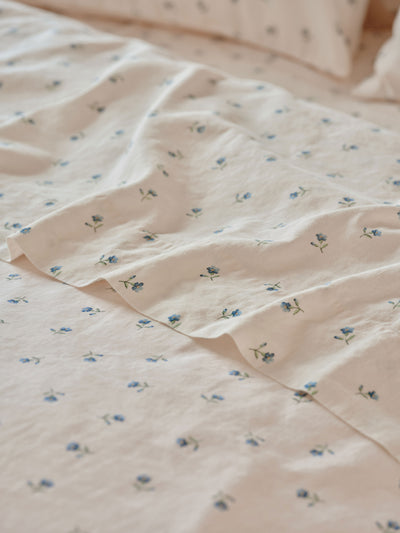 Dusk Blue Posy Bud Linen Blend Flat Sheet