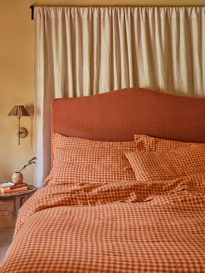 Cinnamon & Peach Colour Drenched Gingham Linen Blend Duvet Cover