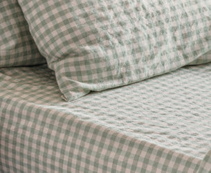 Sage Green Gingham Linen Blend Fitted Sheet