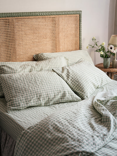 Sage Green Gingham Linen Blend Duvet Cover