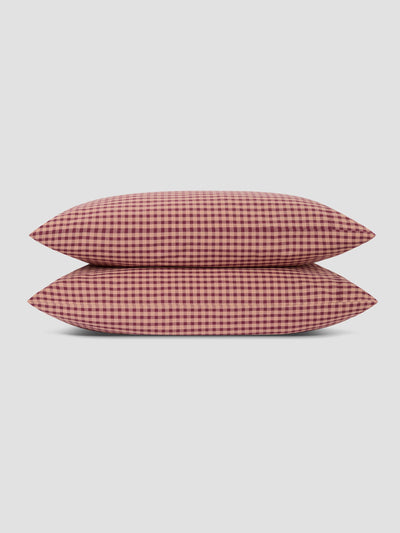 Fig & Blush Pink Gingham Washed Cotton Percale Pillowcases (Pair)
