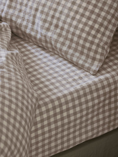 Mushroom Gingham 100% Linen Fitted Sheet