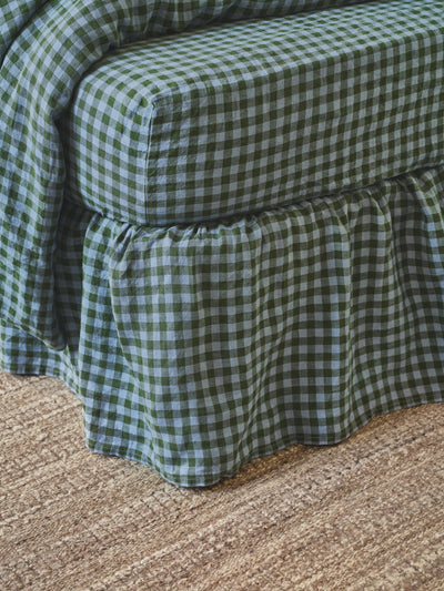 Cantonnière en mélange de lin vichy vert fougère et bleu crépuscule